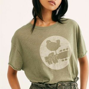 New! Free People Woodstock Logo Graphic Tee - Olive Green, Size XS